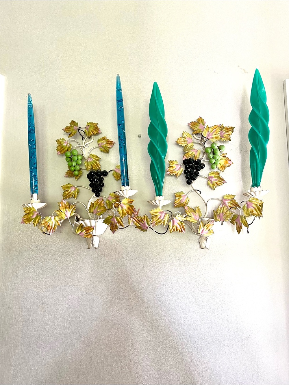 Vintage Hollywood Regency Italian Tole Grapevine Wall candle sconces
